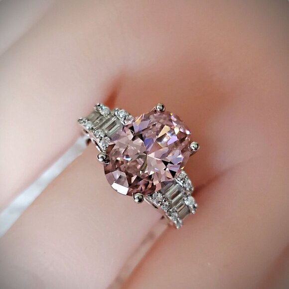 Pink & White Round Diamond Simulant, Cubic Zirconia Rhodium Over Sterling Silver - Picture 1 of 2